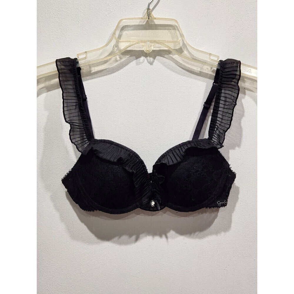 Nwot Jessica Simpson Black Lace Pleated Ruffle Trim Cameo Bra, 34A